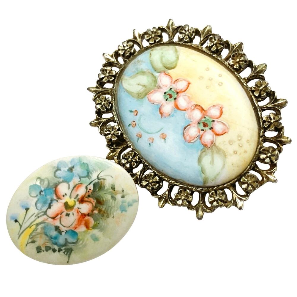 Signed Mid Century Brooch Lot of 2 Hand Painted Porcelain VTG Floral Silver Tone